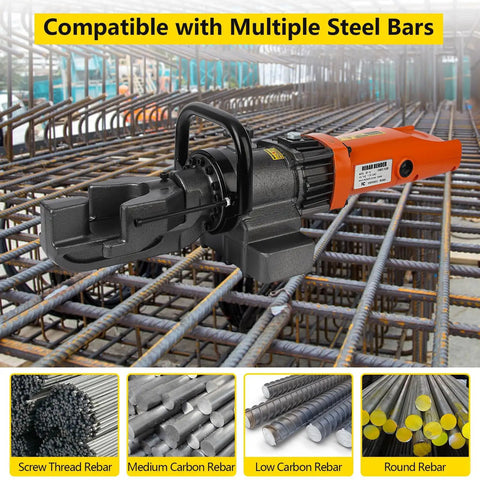 GarveeTech 900W Portable Rebar Bender For Steel And Copper Rods Powers Up To 5/8 Inch In Just Seconds With Smooth Hydraulic Action Adjust Bending Angles From Zero To One Hundred Thirty Degrees Easily On The Job Site with multiple steel bars and rebar types visible.