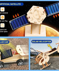 6-In-1 Solar Powered STEM Building Kit For Kids featuring wooden satellite, solar car, and helicopter models on various terrains.