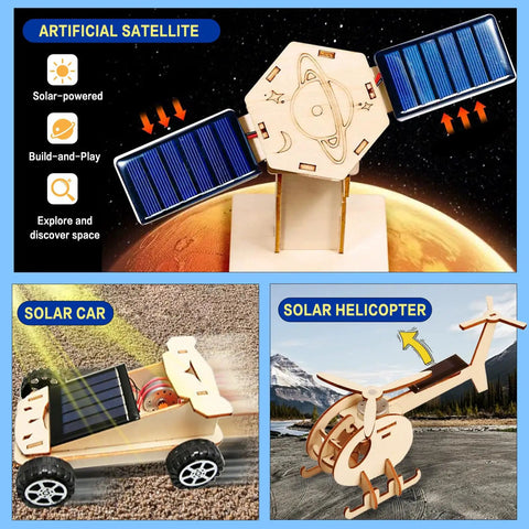 6-In-1 Solar Powered STEM Building Kit For Kids featuring wooden satellite, solar car, and helicopter models on various terrains.