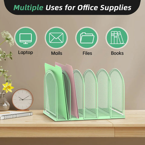 Five Section Mesh Desk Organizer And Vertical File Holder For Desktop Mint Green on a desk with folders and clock.