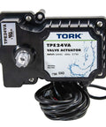 TORK TPE24VA 24-Volt valve actuator, black plastic housing with label and attached wiring harness.
