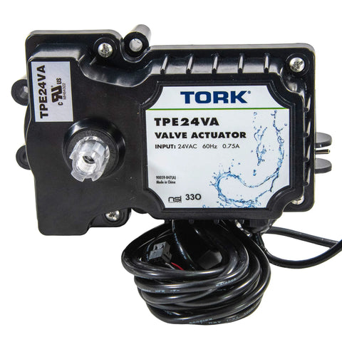 TORK TPE24VA 24-Volt valve actuator, black plastic housing with label and attached wiring harness.