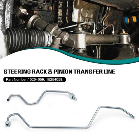 Hard Line Rack And Pinion Transfer Lines Replacement For 2008 2014 Silverado Tahoe Suburban Avalanche 2008 2014 GMC Sierra Yukon Cadillac Escalade ESV Direct Fit Bolt On Rack Line Kit, part numbers 15254059 and 15254058, shown with steering component background.
