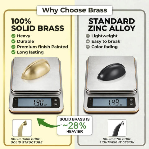 Comparison of 100% Solid Brass vs Standard Zinc Alloy cabinet pulls on a scale, highlighting weight difference.