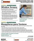 Instruction sheet for Adjustable Window Screen, 10 Inch Height, Fits 25 To 45 Inch Wide Openings, highlighting features.