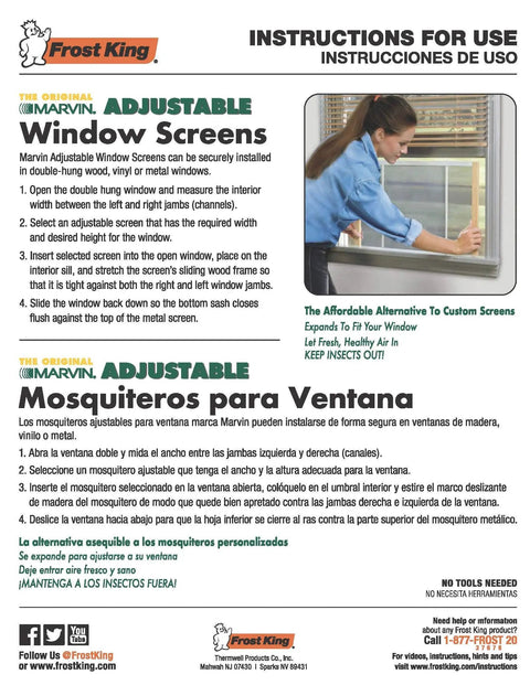 Instruction sheet for Adjustable Window Screen, 10 Inch Height, Fits 25 To 45 Inch Wide Openings, highlighting features.
