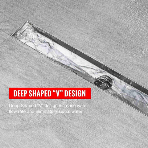 Close-up of 24 Inch Brushed 304 Stainless Steel Linear Shower Drain with removable grate and water flow demonstrating high drainage speed.