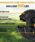 Flat Free Ten Inch Tire And Wheel Assembly with Three Point Zero Zero To Four Tire Size, 400 lb load, polyurethane wheel.