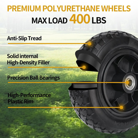 Flat Free Ten Inch Tire And Wheel Assembly with Three Point Zero Zero To Four Tire Size, 400 lb load, polyurethane wheel.
