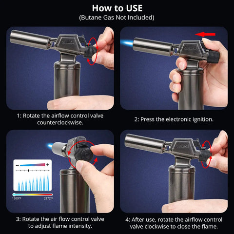 How to use Big Flame Butane Torch Refillable Blow Torch For Cooking BBQ Welding Soldering With Adjustable Wind Resistant Flame Durable Metal Body Easy Ignition Gas Not Included, shown in four steps of operation.