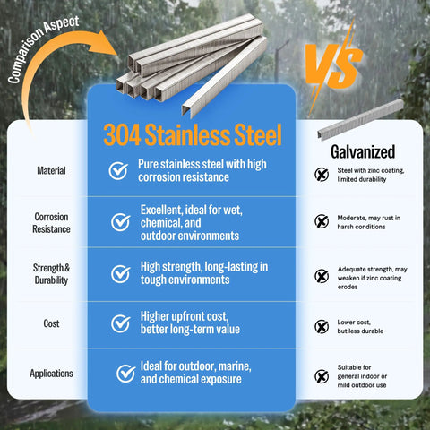 Comparison chart of 304 Stainless Steel vs Galvanized fasteners, highlighting corrosion resistance and applications.