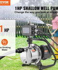 1HP Shallow Well Pump Portable Jet Pump With Automatic Controller 1380 GPH 145 Ft Head Stainless Steel Water Transfer