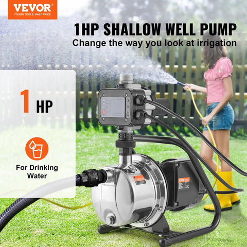 1HP Shallow Well Pump Portable Jet Pump With Automatic Controller 1380 GPH 145 Ft Head Stainless Steel Water Transfer