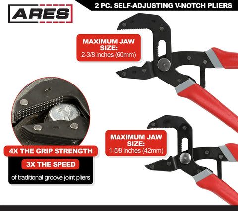 2-Piece Self-Adjusting V-Notch Pliers Set 7-Inch And 10-Inch With Big Jaw Openings Up To 1 5/8 Inches And 2 3/8 Inches shown in packaging