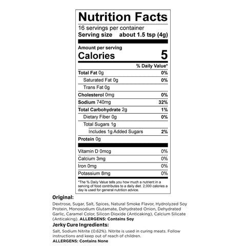 Nutrition facts label showing serving details for Built Like A Tank 1000W Food Dehydrator products, including calories and ingredients.