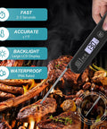 Ultra Fast Digital Meat Thermometer with backlight probing grilled steaks, BBQ cooking, instant read 2-3 seconds.