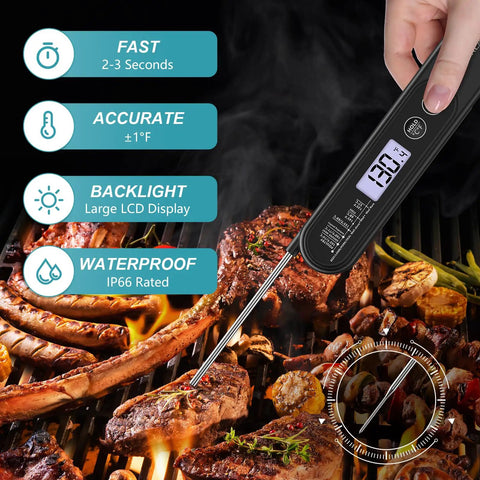 Ultra Fast Digital Meat Thermometer with backlight probing grilled steaks, BBQ cooking, instant read 2-3 seconds.