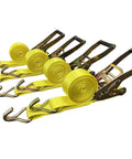 Beefy Heavy Duty Ratchet Tie Down Straps 2 Inch By 15 Foot Set, 5,000 Pound Breaking Strength, J Hook, 4 Pack For Safely Securing Cargo On Trailers And Trucks, yellow straps with metal hooks