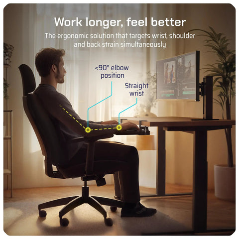 Person using Under Desk Keyboard Tray That Slides Out With Adjustable Clamps For Desks Up To 1.5 Inches Clamp On Keyboard Drawer With USB C To USB A Hub And Five Cable Management Organizer Boss Level Comfort For Long Computer Sessions demonstrating ergonomic posture at desk.