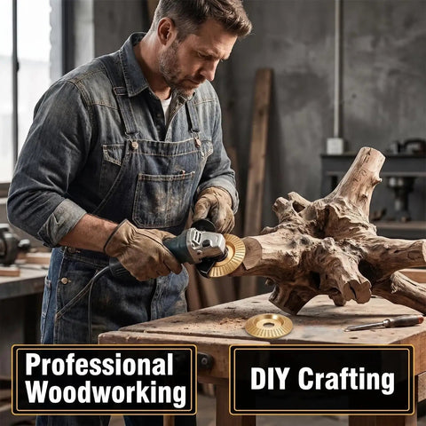 Beast Mode Wood Carving Disc Tools Set For Four And A Half Inch Angle Grinder With Hundreds Of Sharp Teeth Carbon Steel Construction For Rapid Wood Removal And Smooth Finishes Safer And More Durable Than Sanding Pads Polishing Pad Ready, man shaping wood