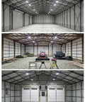 Spacious barns lit by Crazy Bright 45000 Lumen 300W High Bay LED Shop Light For Garage And Workshop Energy Efficient Daylight 5000K UFO Ceiling Fixture.