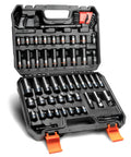 Three Eighths Inch Drive 71 Piece 12 Point Socket Set With Deep And Shallow SAE Five Sixteen To Three Quarters Inch And Metric Eight To Twenty Two Millimeter CR V Build Includes Drill Socket Adapter And Extension Bar Hex Key Set Also Fits Six Point, shown in open case