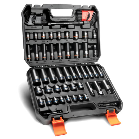 Three Eighths Inch Drive 71 Piece 12 Point Socket Set With Deep And Shallow SAE Five Sixteen To Three Quarters Inch And Metric Eight To Twenty Two Millimeter CR V Build Includes Drill Socket Adapter And Extension Bar Hex Key Set Also Fits Six Point, shown in open case