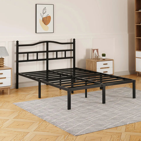 Heavy Duty Queen Bed Frame With Curved Headboard Noise Free Metal Platform Built Like A Tank With Sturdy Steel Slats for quiet setup in a modern bedroom.