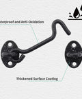 Four Inch Hook And Eye Door Latch Tough As Nails Heavy Duty Stainless Steel Black Finish Gate Latch For Barn Doors Shed Cabins Windows And Bathrooms Sliding Doors Pack Of 3, close-up view showing waterproof coating and anti-oxidation details.