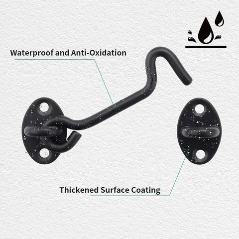Four Inch Hook And Eye Door Latch Tough As Nails Heavy Duty Stainless Steel Black Finish Gate Latch For Barn Doors Shed Cabins Windows And Bathrooms Sliding Doors Pack Of 3, close-up view showing waterproof coating and anti-oxidation details.
