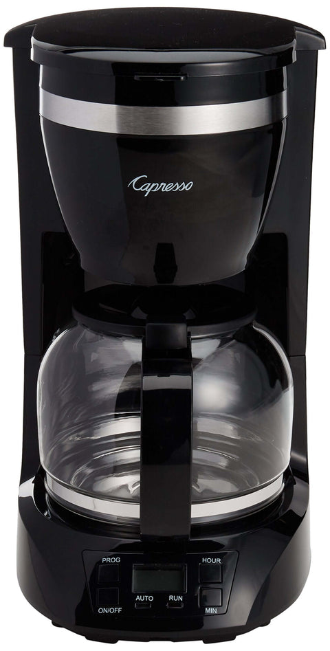 Front view of 12 Cup Drip Coffeemaker In Stainless Steel With Gold Tone Filter No Mess Paper Filters Programmable Brew Auto Start Keep Warm For 2 Hours And Auto Shutoff Drip Stop For Easy One Cup Pour.