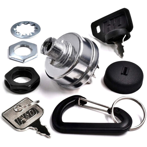 Dual Protection HD Switch Lawn Mower Ignition Key Replacement with keys, carabiner, and weatherproof components.