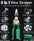 8-In-1 Wire Stripper With Voltage Tester showing clamping, stripping, cutting, winding, and testing features, green handle