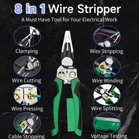 8-In-1 Wire Stripper With Voltage Tester showing clamping, stripping, cutting, winding, and testing features, green handle