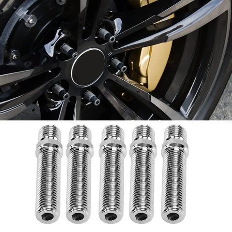 Upgrade Your Ride With 20pcs Extended Wheel Conversion Stud Kit Featuring 58mm Length Cold Forged Steel Design M12*1.25 Thread Plus M12*1.5 Adapter Set Zinc Coated Rust Resistant Build Perfect For Easy Tire Swapping On Track Days Or Quick Road Changes. black wheel with zinc-coated 58mm conversion studs and matching stud set