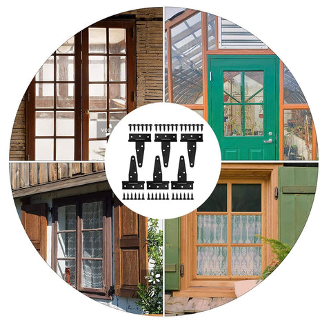Collage of outdoor doors with Heavy Duty T Strap Gate Hinges for Outdoor Doors Fences Barns and Sheds Black 12 Pack 3 Inch Durable Iron Hinges
