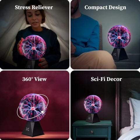 Collage of 7 Inch Plasma Ball Lamp Touch And Sound Sensitive Electric Globe for decor and STEM learning, showing different uses.