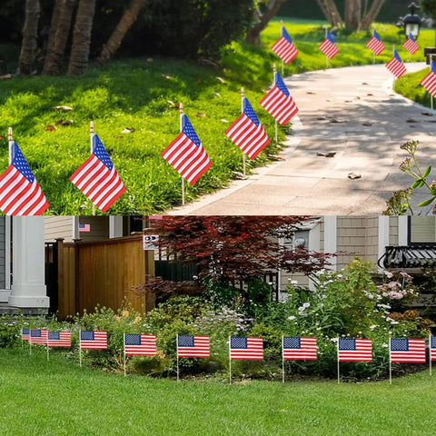 12 Pack 8x12 Inch All American Flags On Sticks With Wood Poles And Kid Safe Spear Tops for outdoor Memorial Day display on lawn