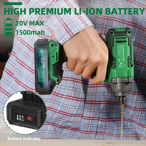 Person using Compact 20V Max Cordless Impact Driver Kit with 1060 In-Lbs Torque and high premium Li-Ion battery.