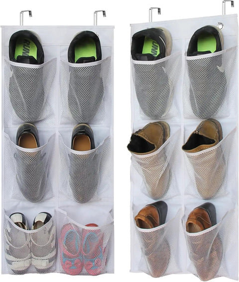 Two Pack Narrow Over The Door Shoe Organizer With Clear Mesh Pockets For Small Doors displayed with shoes in white mesh