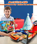 Child with Ultimate 2 Car Race Track Set With Two Cars, 2 In 1 Reconfigurable Track System And Rad Storage Box, indoor play