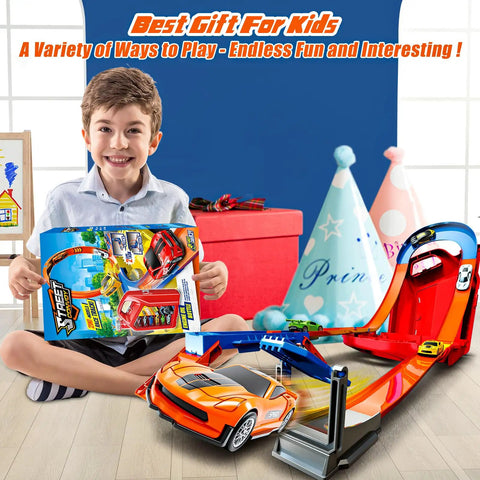 Child with Ultimate 2 Car Race Track Set With Two Cars, 2 In 1 Reconfigurable Track System And Rad Storage Box, indoor play