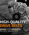 265-827 Replacement Drive Belt With Aramid Construction for heavy duty machines and lawn equipment, shown in engine setup.