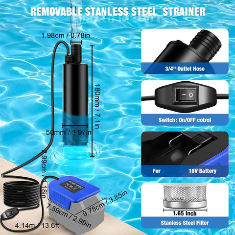 Top Tier Portable Sump Pump 500GPH With Heavy Duty Sediment Filter displayed in water, showcasing stainless steel strainer and dimensions.