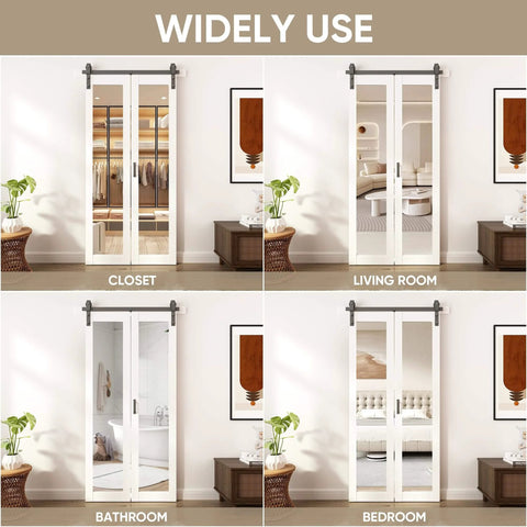 Four views of Bifold Barn Door With Mirror Panels And Hardware Kit For Closets And Rooms 40 By 84 Inches installed in various home settings