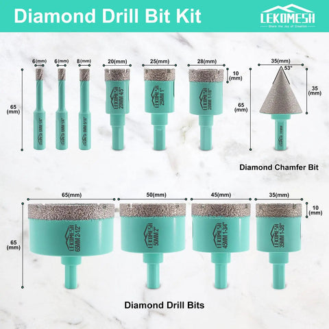 Image of Diamond Core Drill Bit Set 11 Piece Tile Hole Saw Kit With Triangle Shank For Porcelain Granite Marble Stone Pro Grade Dry And Wet Drilling