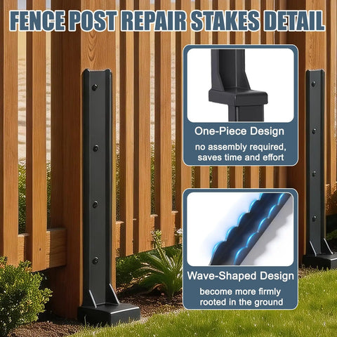 2 Pack Heavy Gauge Steel Fence Post Repair Kit With Ground Anchored Brackets showing one-piece and wave-shaped design details.