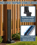 Heavy Duty H-Frame Fence Post Repair Kit showing one-piece black steel stake detail for stabilizing wooden posts.