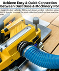 4 Inch Magnetic Dust Collection Quick Connect Kit With Ridiculously Strong N52 Magnets And Dual Sealed Gaskets Quick Swap For Table Saws Shop Vacs And Workshop Accessories Straight Up No Sweat Setup attached to a yellow table saw, showcasing hose connection.