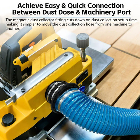 4 Inch Magnetic Dust Collection Quick Connect Kit With Ridiculously Strong N52 Magnets And Dual Sealed Gaskets Quick Swap For Table Saws Shop Vacs And Workshop Accessories Straight Up No Sweat Setup attached to a yellow table saw, showcasing hose connection.